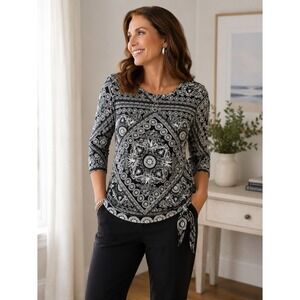 Chicos Size 2 Size Large Black White Paisley Side Tie 3/4 Sleeve Stretch Top